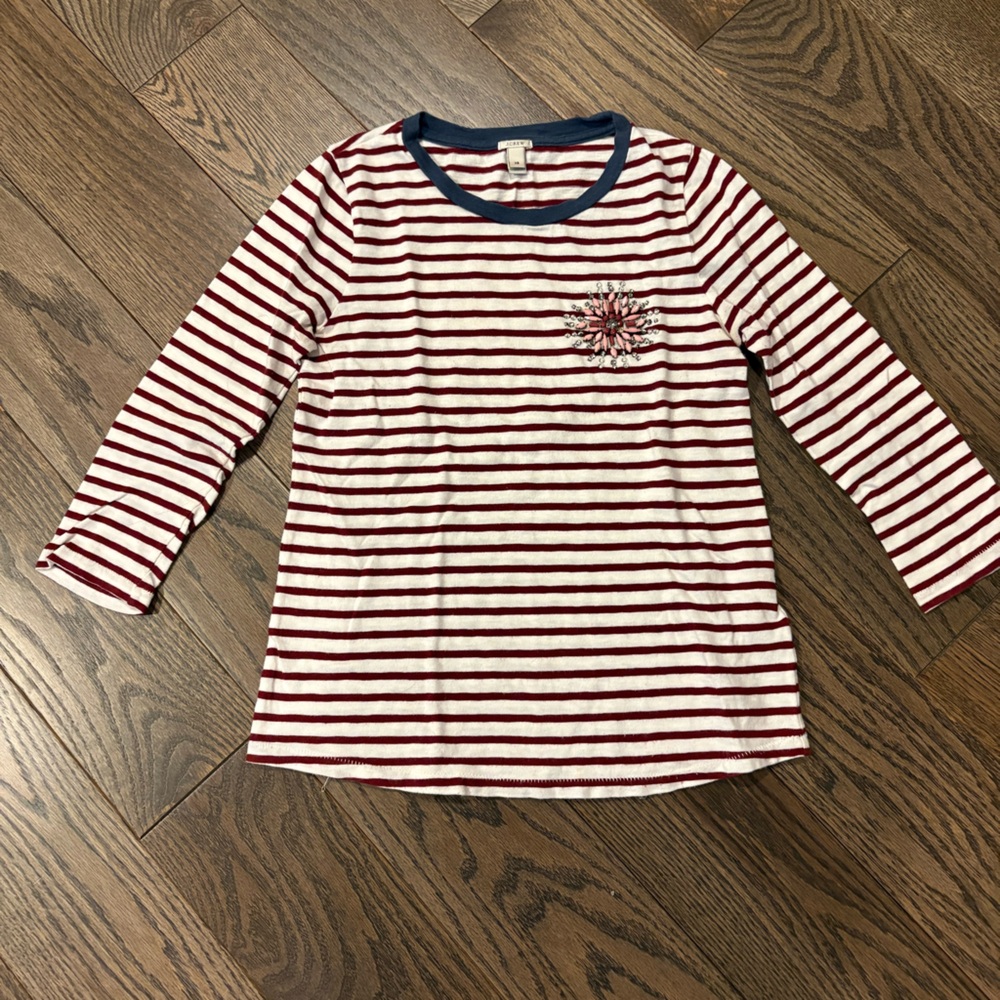 J. Crew Burgundy and White Striped 3/4 Length Sleeve Tee w/jewel accent XS